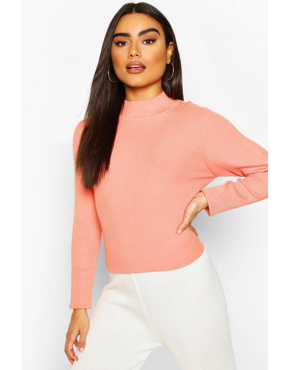 Rib Knit Turtle Neck Top - salmon