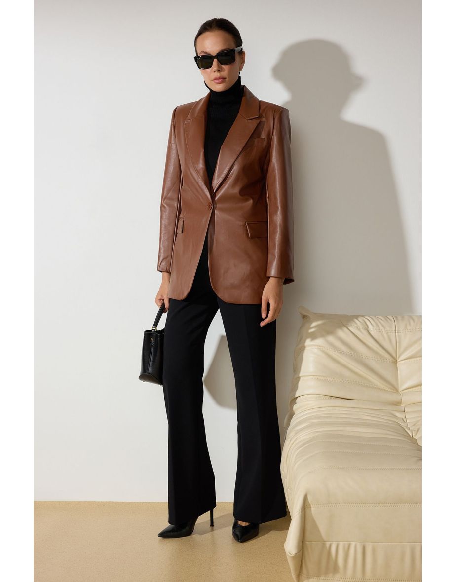 Brown Oversized Faux Leather Blazer Jacket