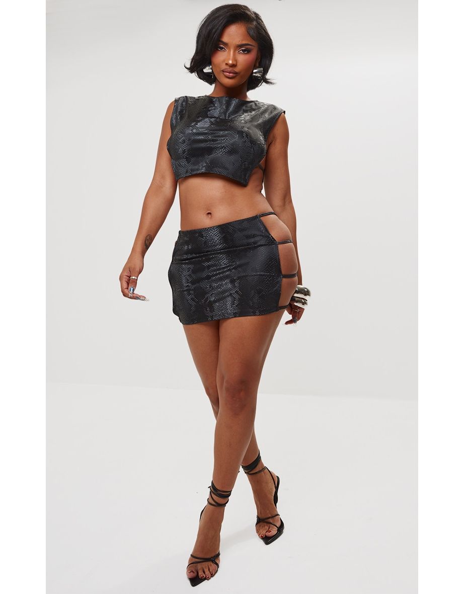 Shop Shape Black Faux Leather Croc Printed Cut Out Mini Skirt Online in Bahrain VogaCloset