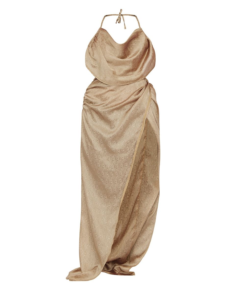 Gold Satin Cowl Neck Maxi Dress - 4
