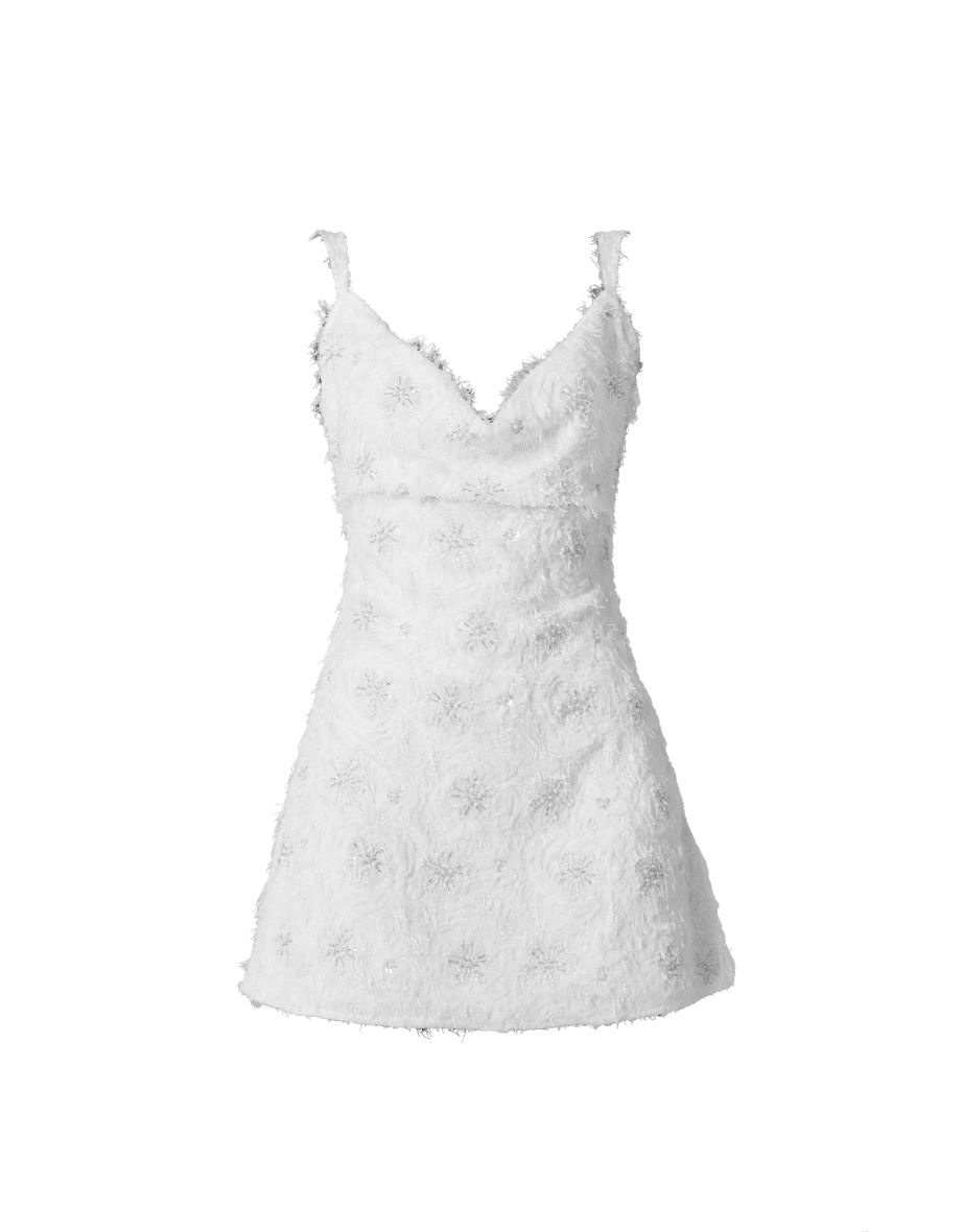 Premium White Sequin Embroidered Cowl Neck Shift Dress - 4