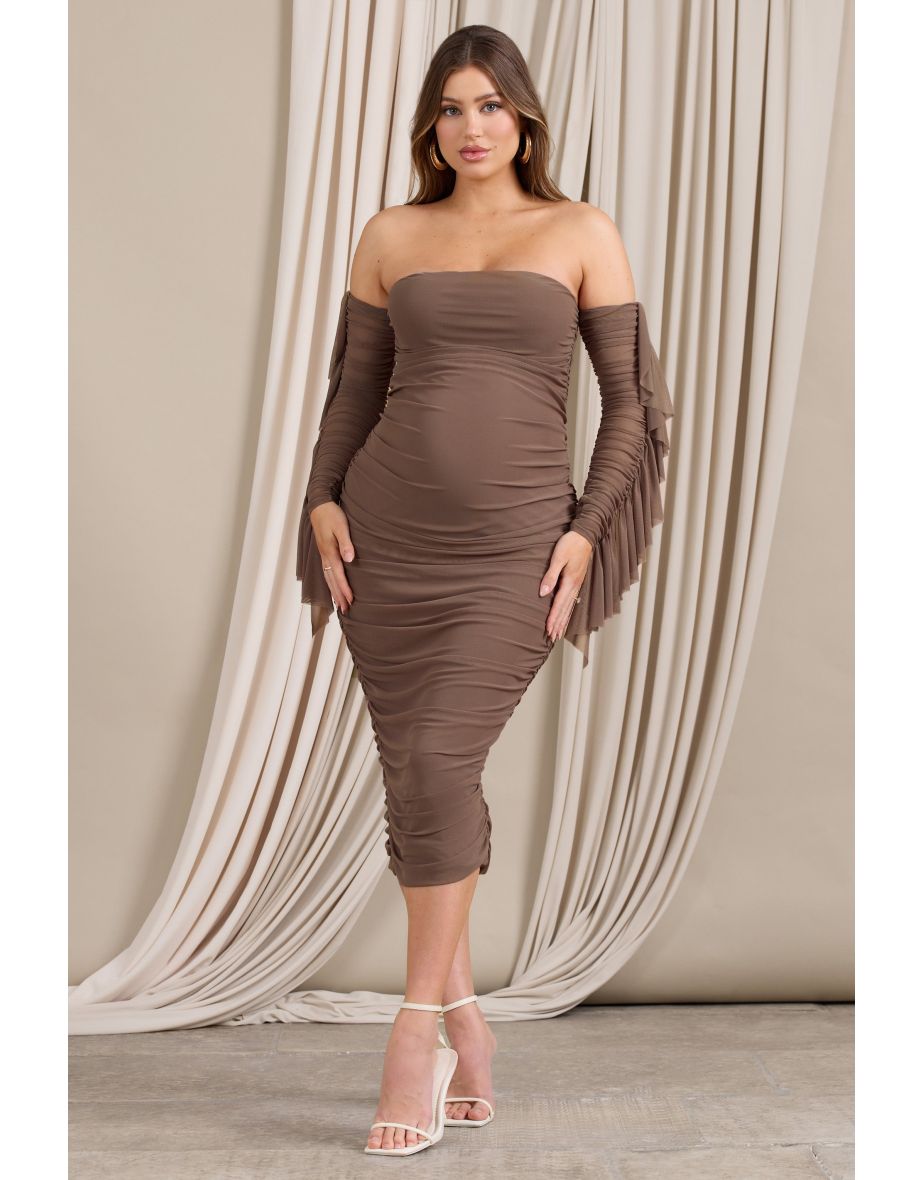 Aroma | Brown Ruched Mesh Maternity Midi Dress With Ruffled Sleeves - 4