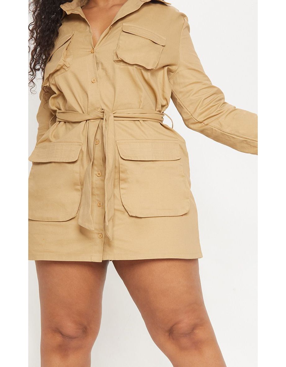 camel utility tie waist shirt dress