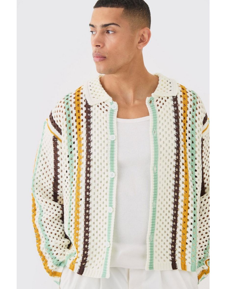 Oversized Boxy Long Sleeve Open Stitch Stripe Shirt - stone - 2