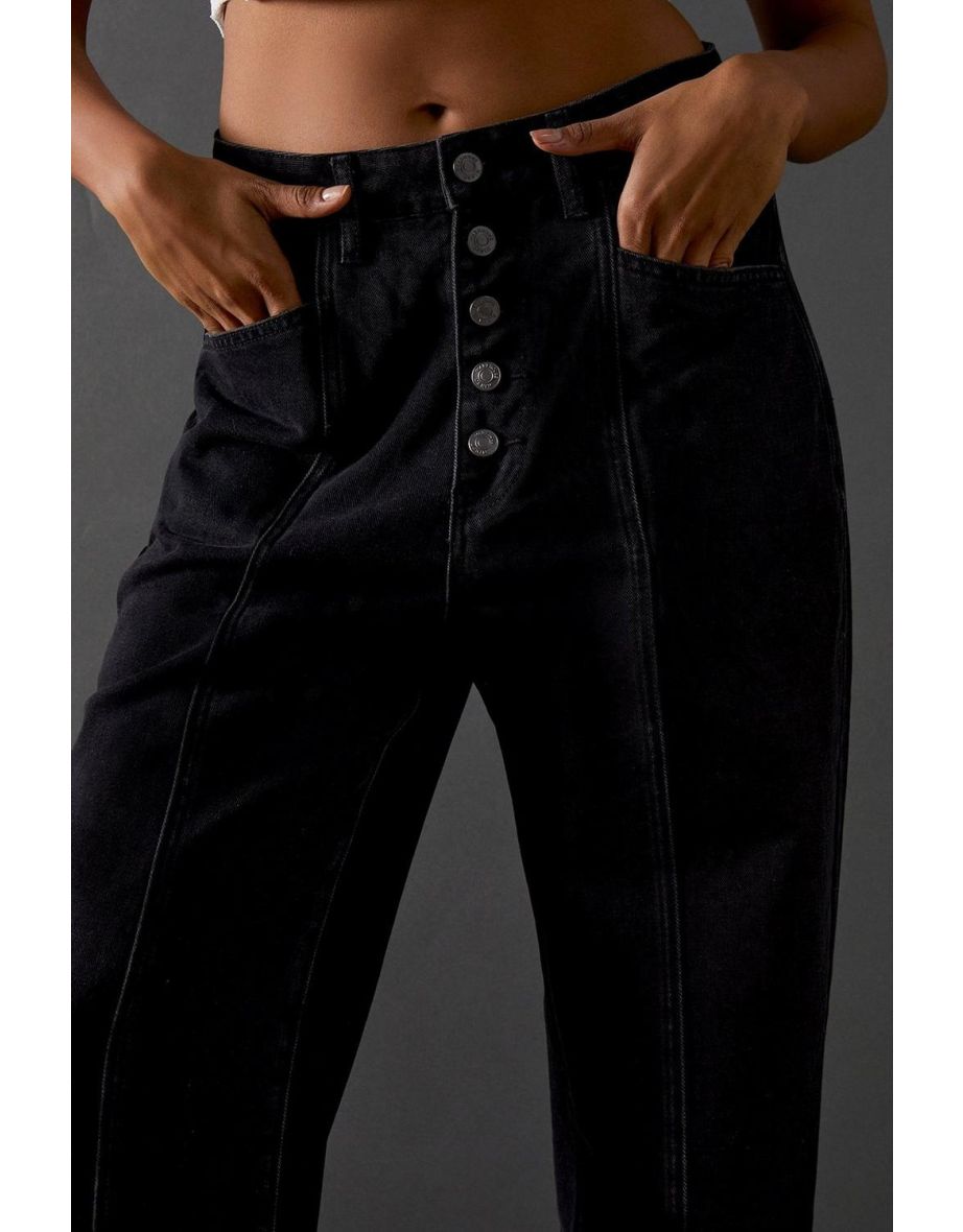 High Waisted Button Fly Seam Detail Dad Jeans - 3