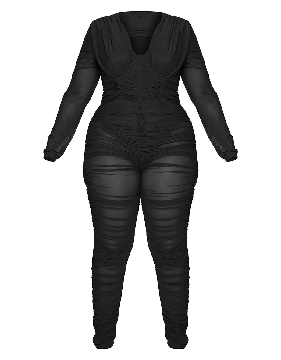 Plus Black Ruched Cup Detail Mesh Jumpsuit - 4