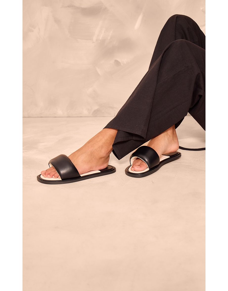 Black Pu Round Toe Contrast Slider Sandals