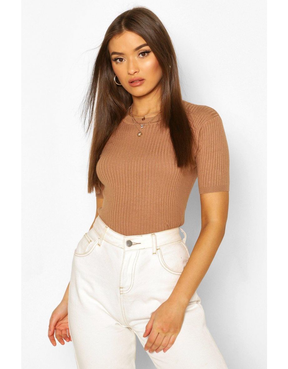 Rib Knit Crew Neck Short Sleeve Knitted Top - camel