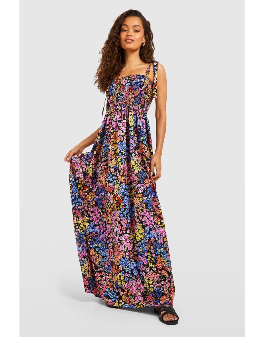 Pink Floral Ruched A-Line Maxi Skater Dress