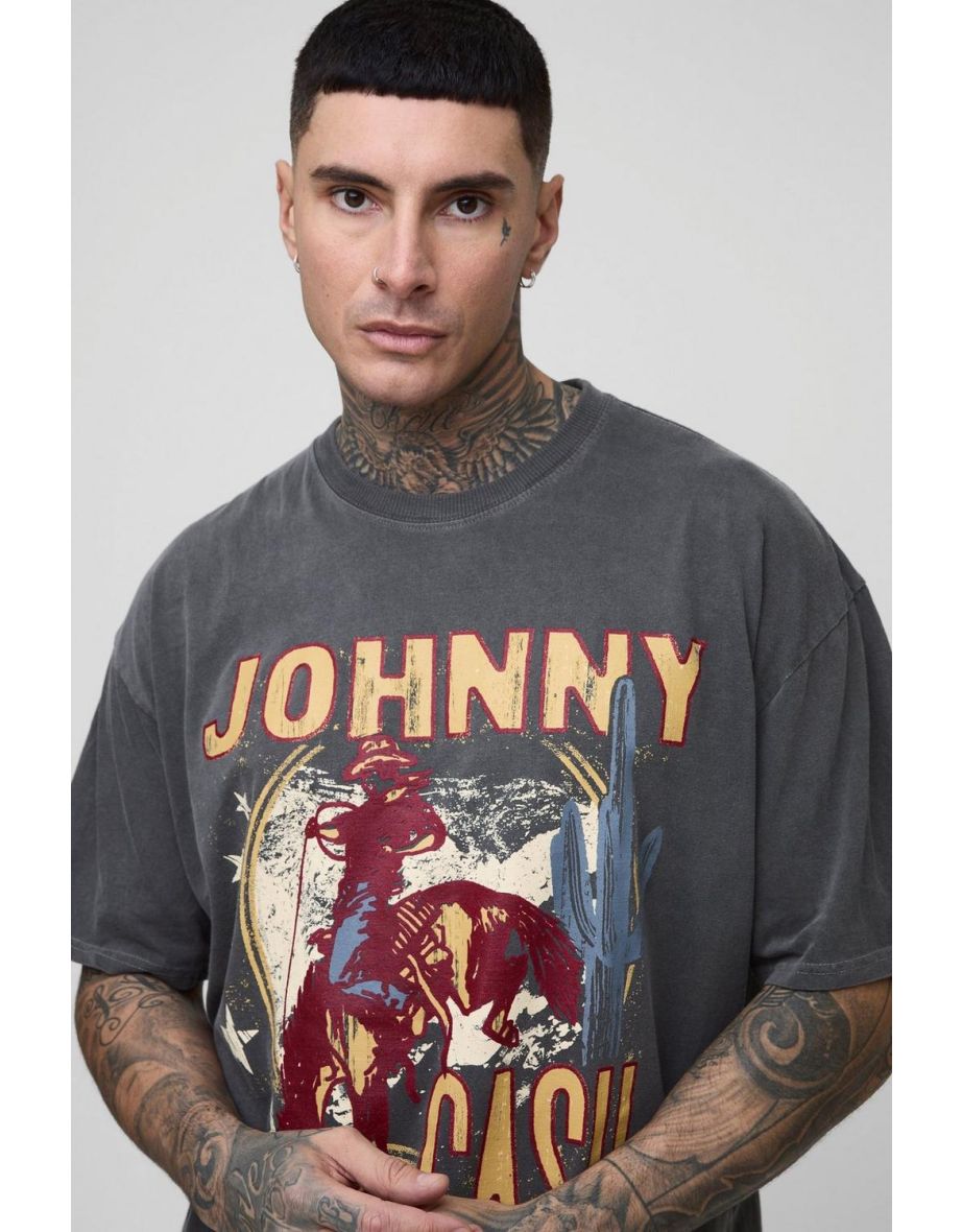 Tall Oversized Boxy Johnny Cash License Washed Print T-Shirt - charcoal - 2