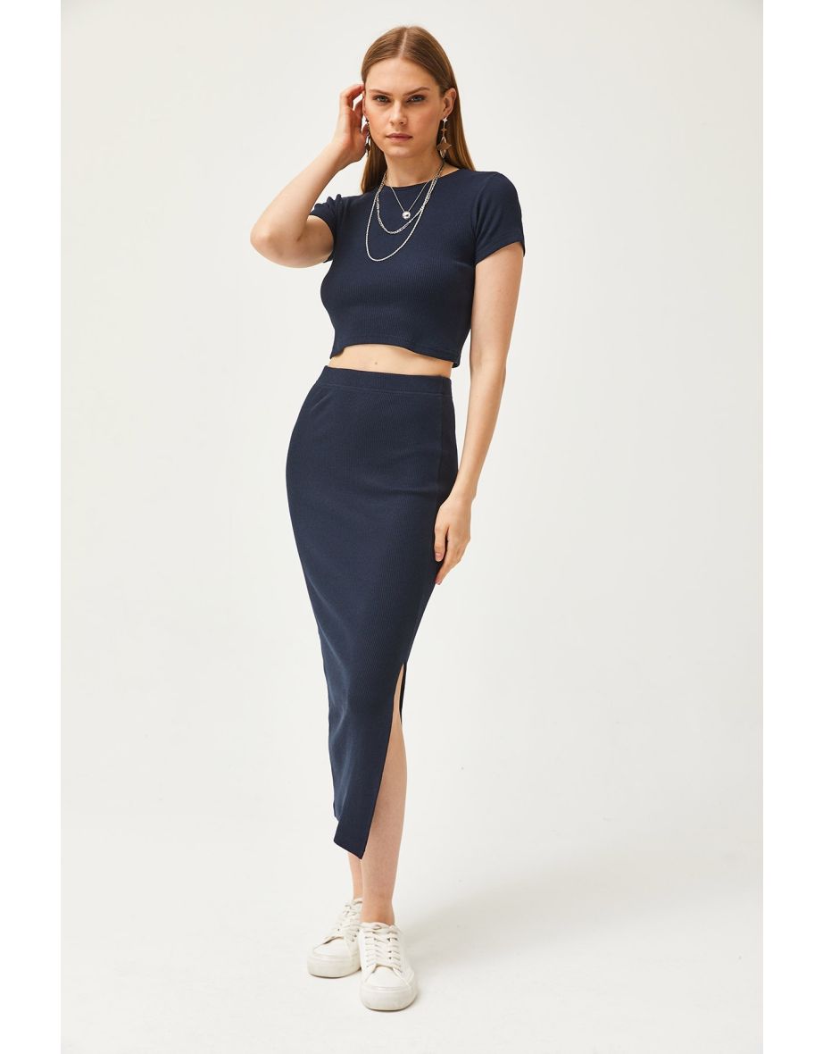 Women's Navy Blue Short Sleeve Slit Skirt Lycra Suit