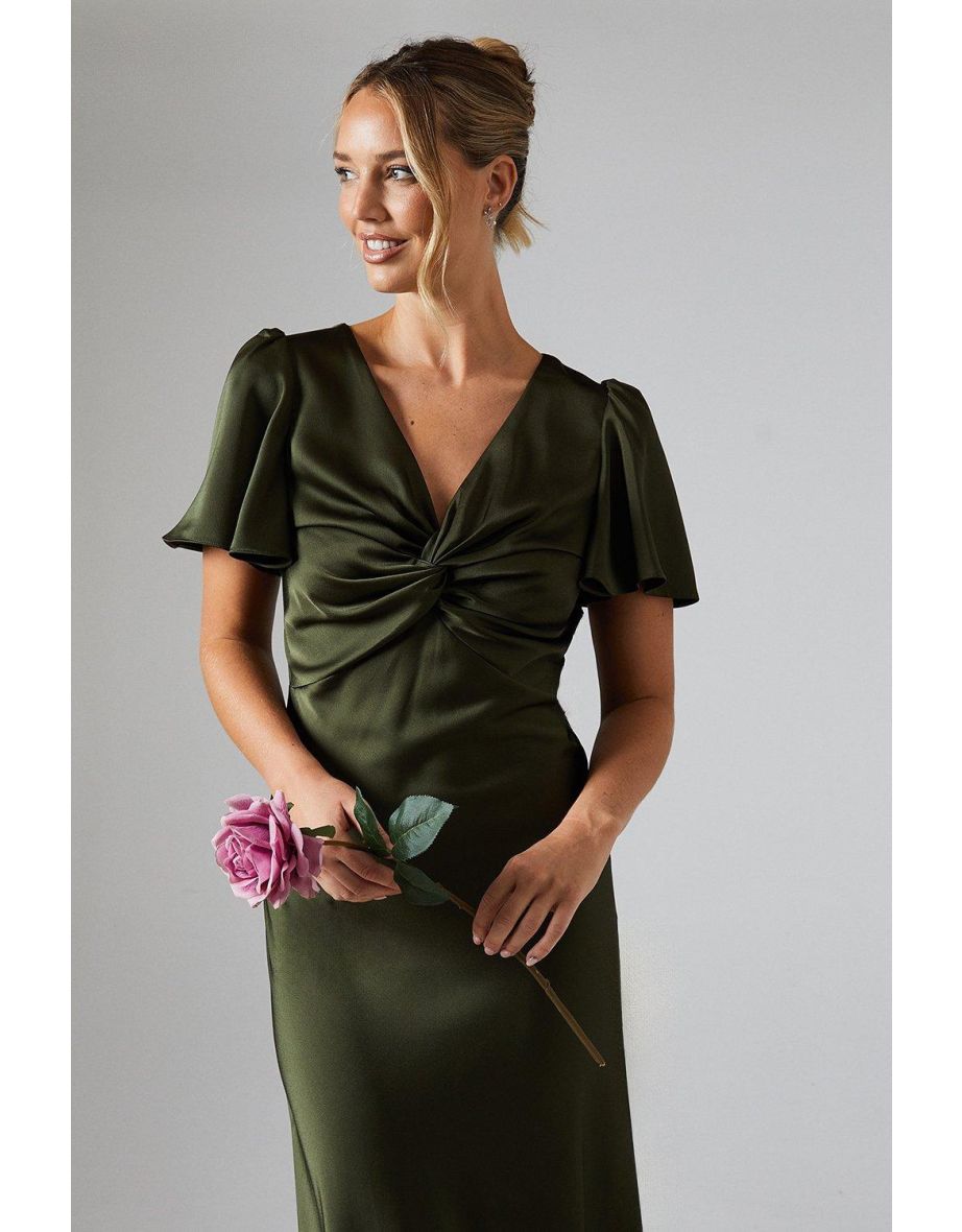 Satin Twist Front Angel Sleeve Bridesmaids Dress - 3