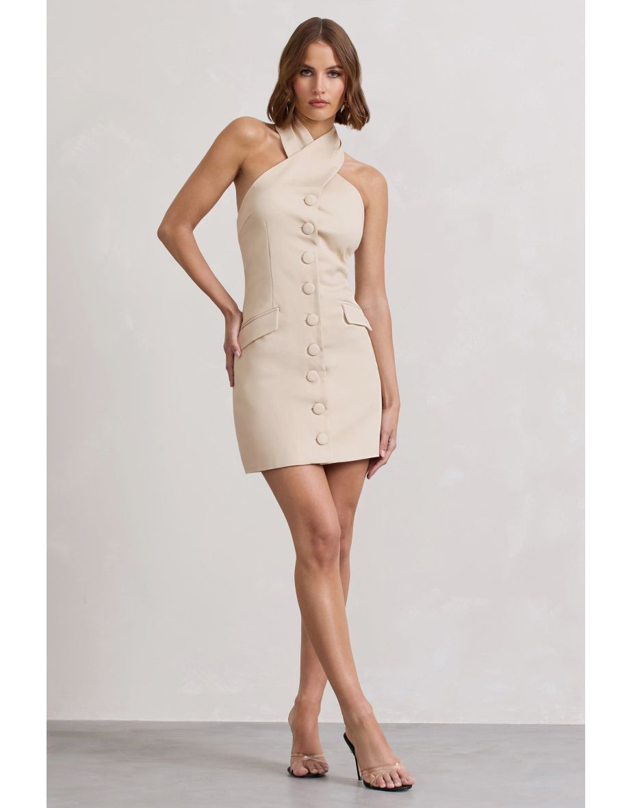 Dani | Stone Halter Neck Tailored Buttoned Bodycon Mini Dress - 9