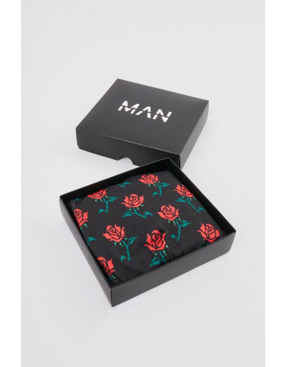 Rose Printed Boxers In Gift Box - black