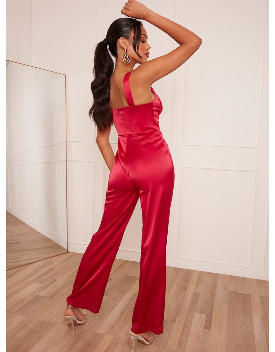 Corset Style Wide Leg Satin Jumpsuit in Pink - 4