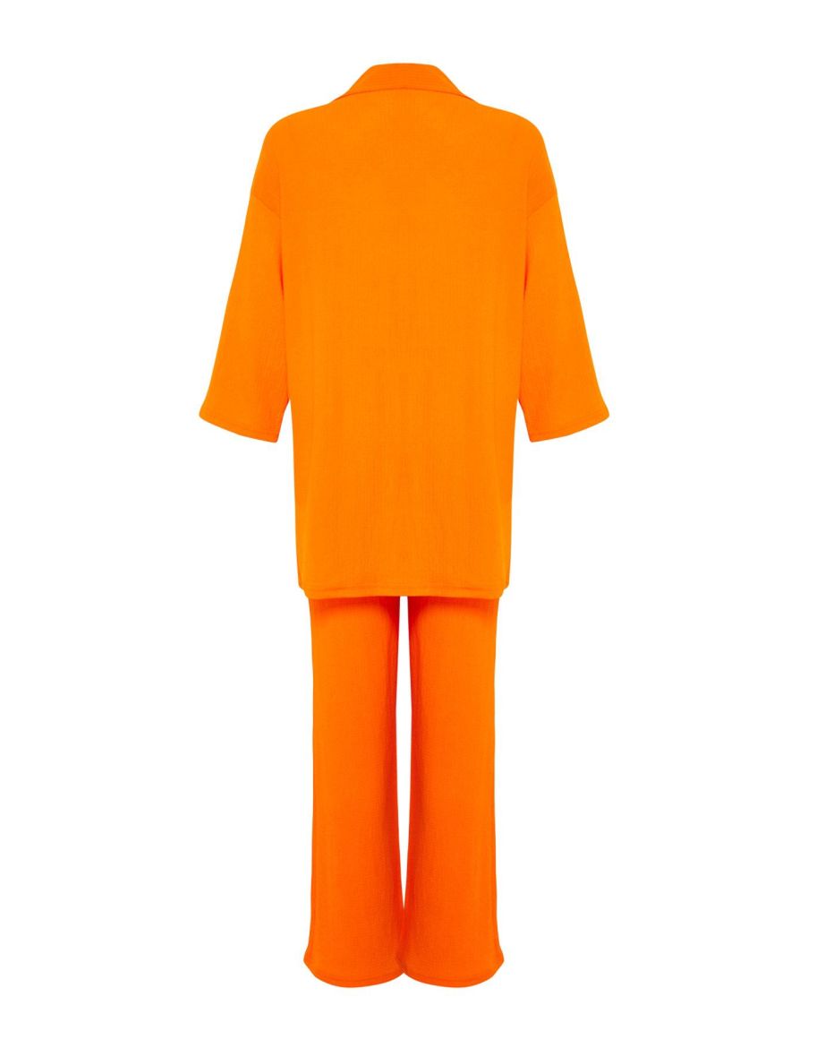 Orange Relaxed/Comfortable Cut Kimono Knitted Top and Bottom Set - 7