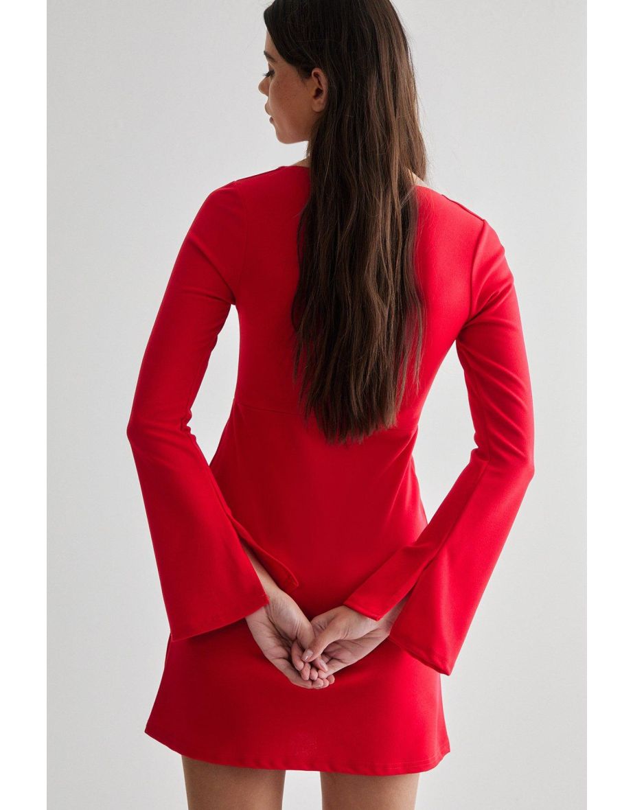 Square Neckline Long Sleeve Mini Dress - 3