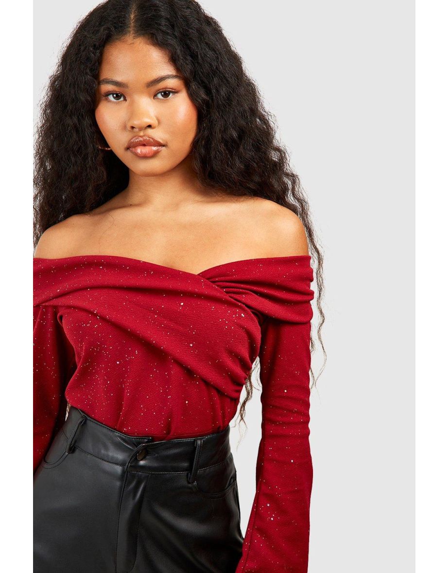 Petite Glitter Bardot Bodysuit - berry - 3