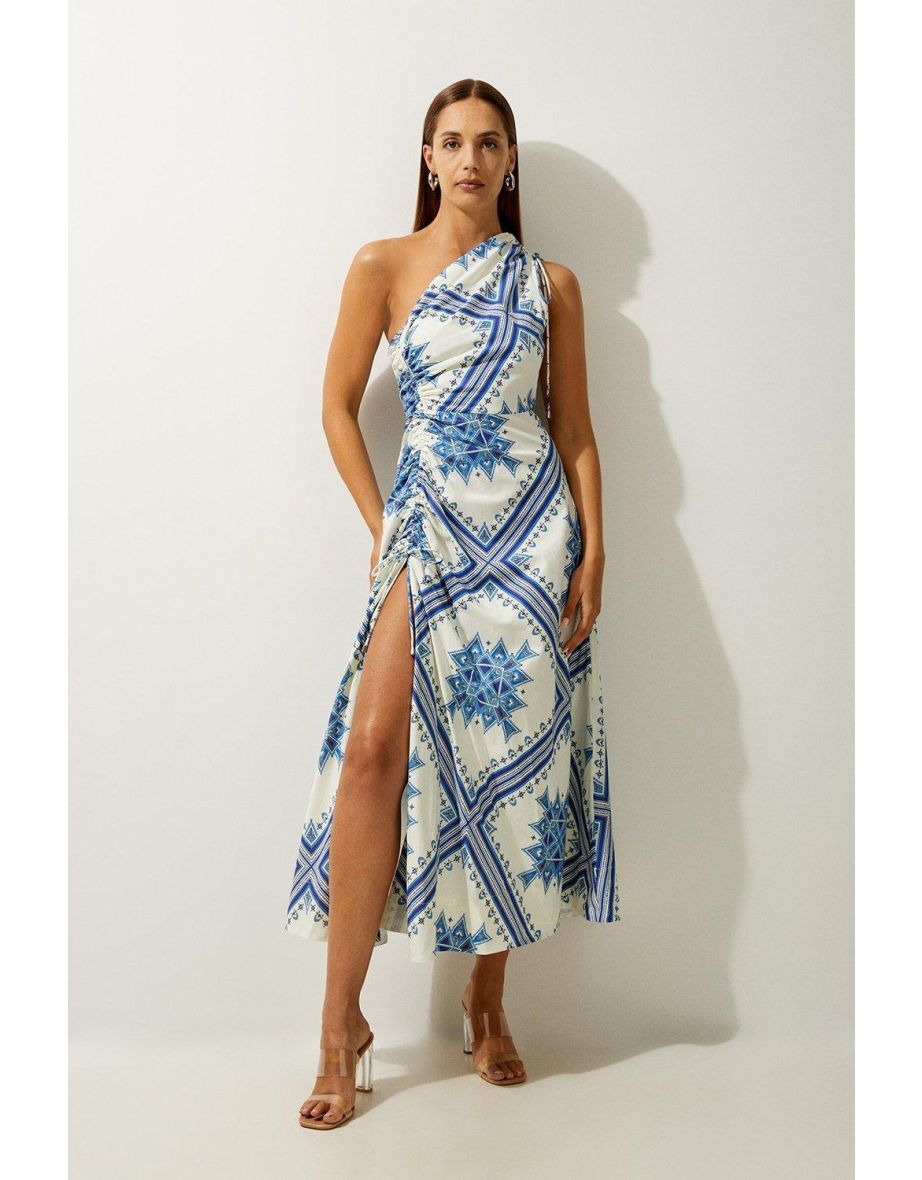 Printed Cotton Voile One Shoulder Midaxi Dress