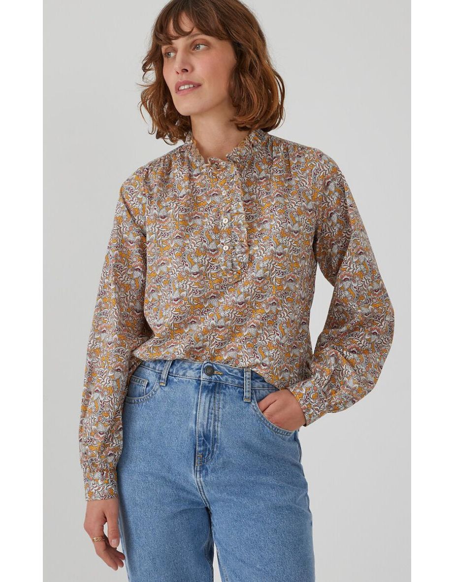 Cotton Victorian Collar Blouse with Ruffles and Long Sleeves