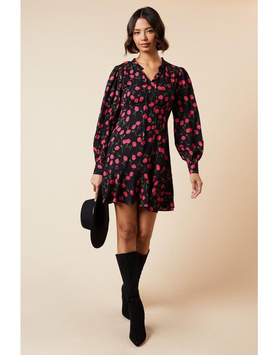 Black Floral Lace Yoke Mini Dress