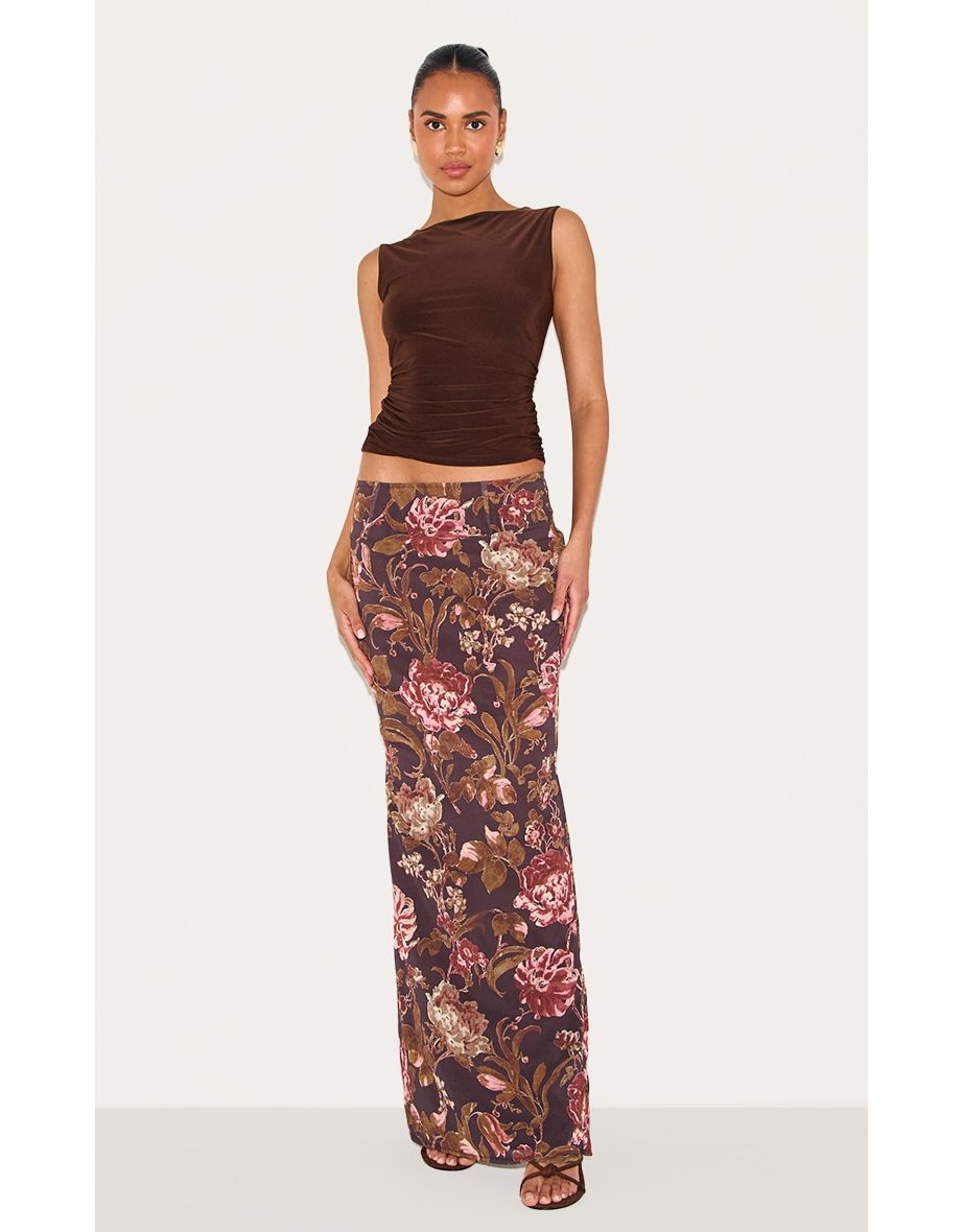 Brown Floral Print Chiffon Maxi Skirt