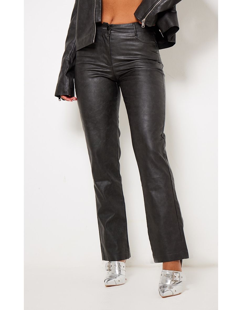 Premium Grey Washed Faux Leather Low Rise Straight Leg Trousers