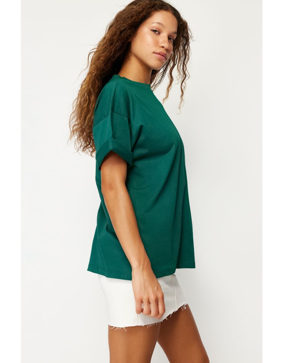 Emerald Green 100 Cotton Crew Neck Boyfriend/Wide Fit Knitted T-Shirt - 7