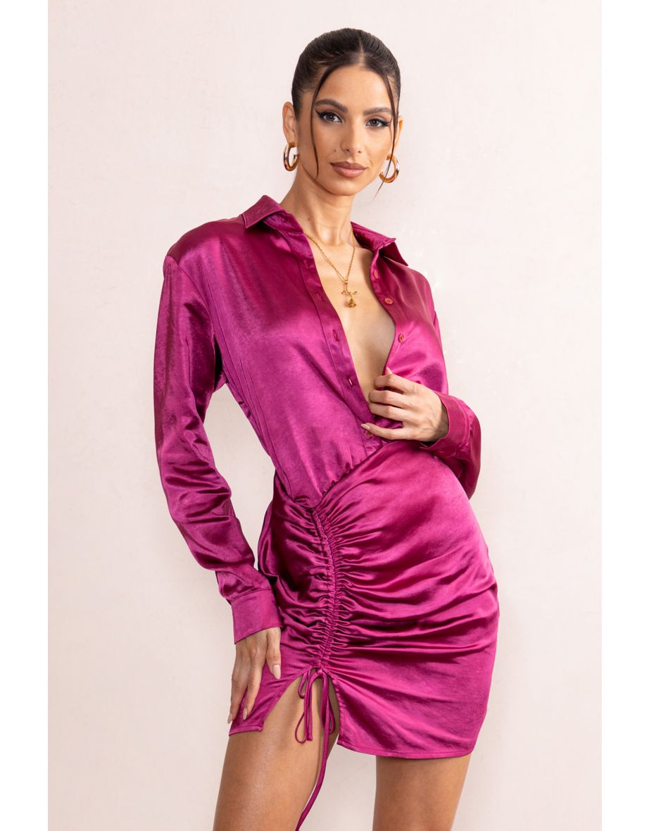 Francine | Orchid Satin Ruched Long Sleeve Shirt Mini Dress - 4