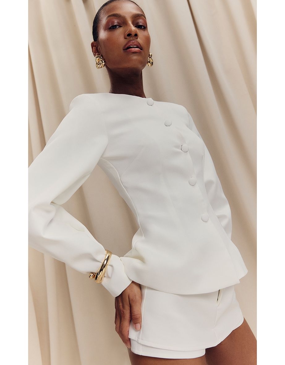 White Woven Cinched Waist Cocoon Sleeve Button Up Blazer - 3