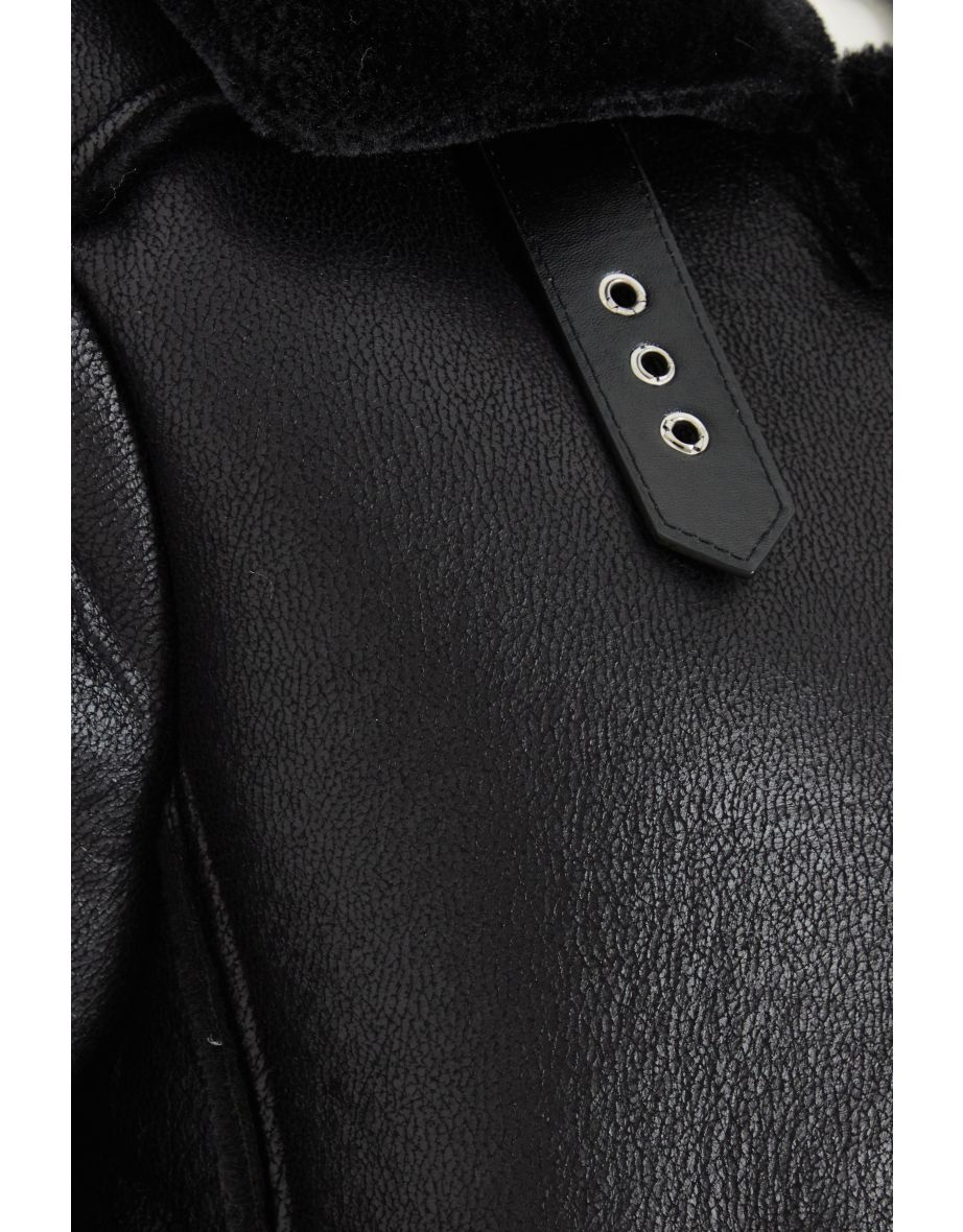 Black Aviator Faux Fur Jacket - 5