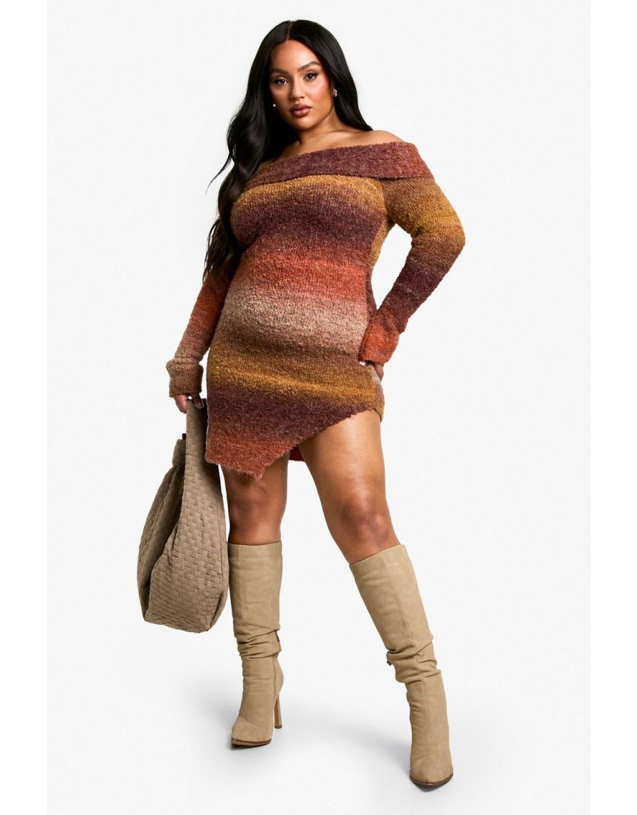 Plus Ombre Fluffy Knit Bardot Mini Dress - rust