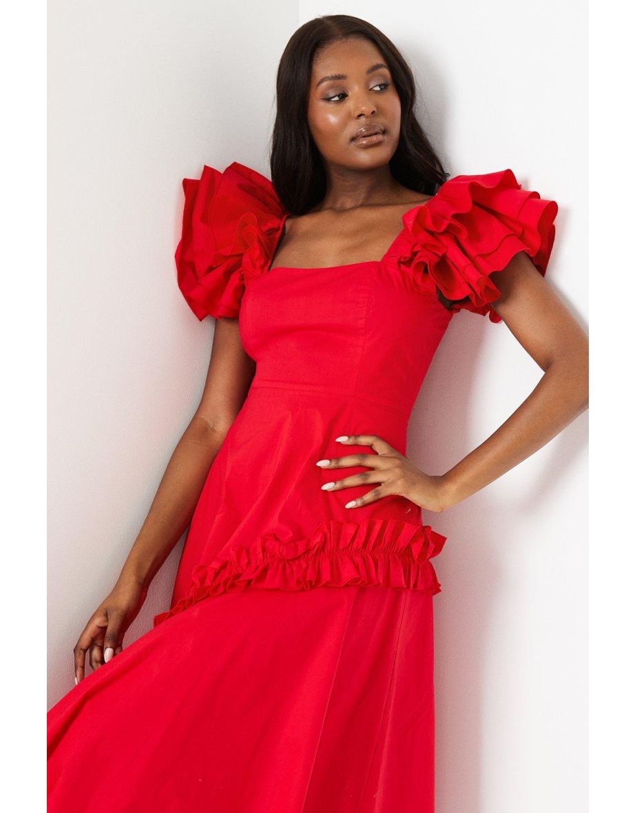 Frill Sleeve Ruffle Skirt Cotton Midaxi Dress - 3