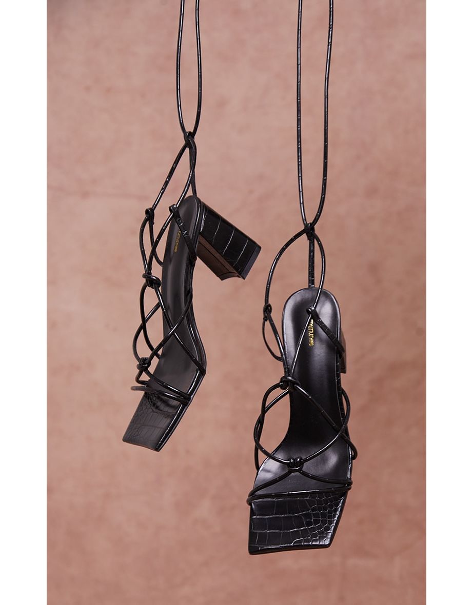 Black Square Toe Knotted Lace Up Block Sandals