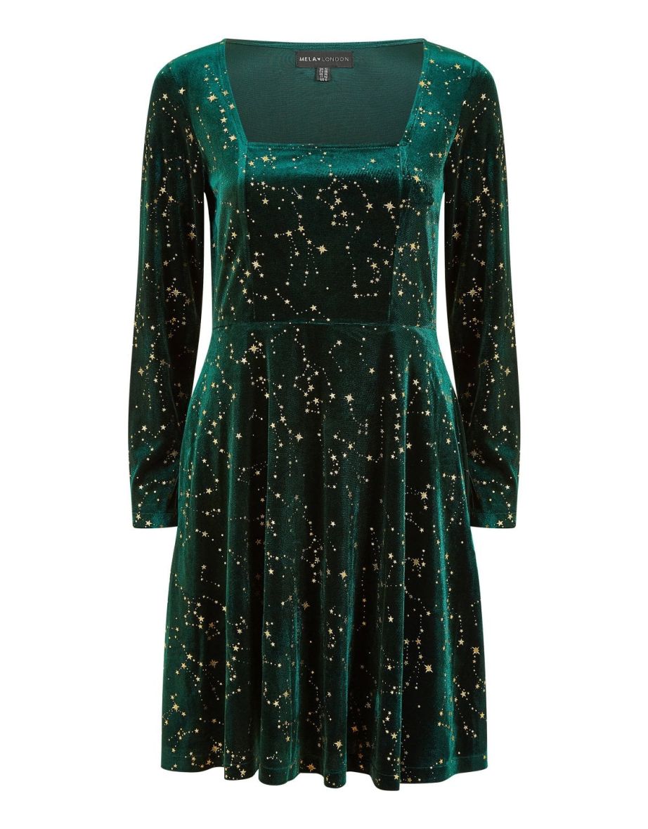 Mela Green Star Foil Print Long Sleeve Skater Dress - 6
