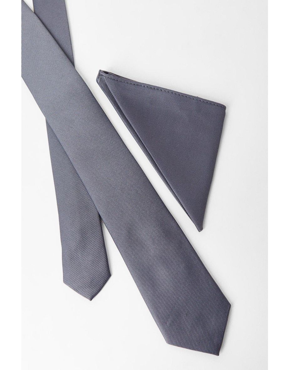 Graphite Grey Tie And Pocket Square - 3