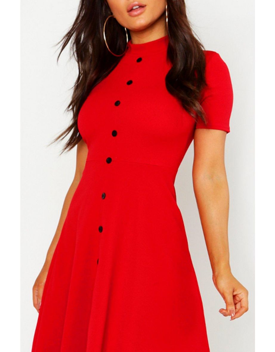 High Neck Button Detail Skater Dress - red - 3