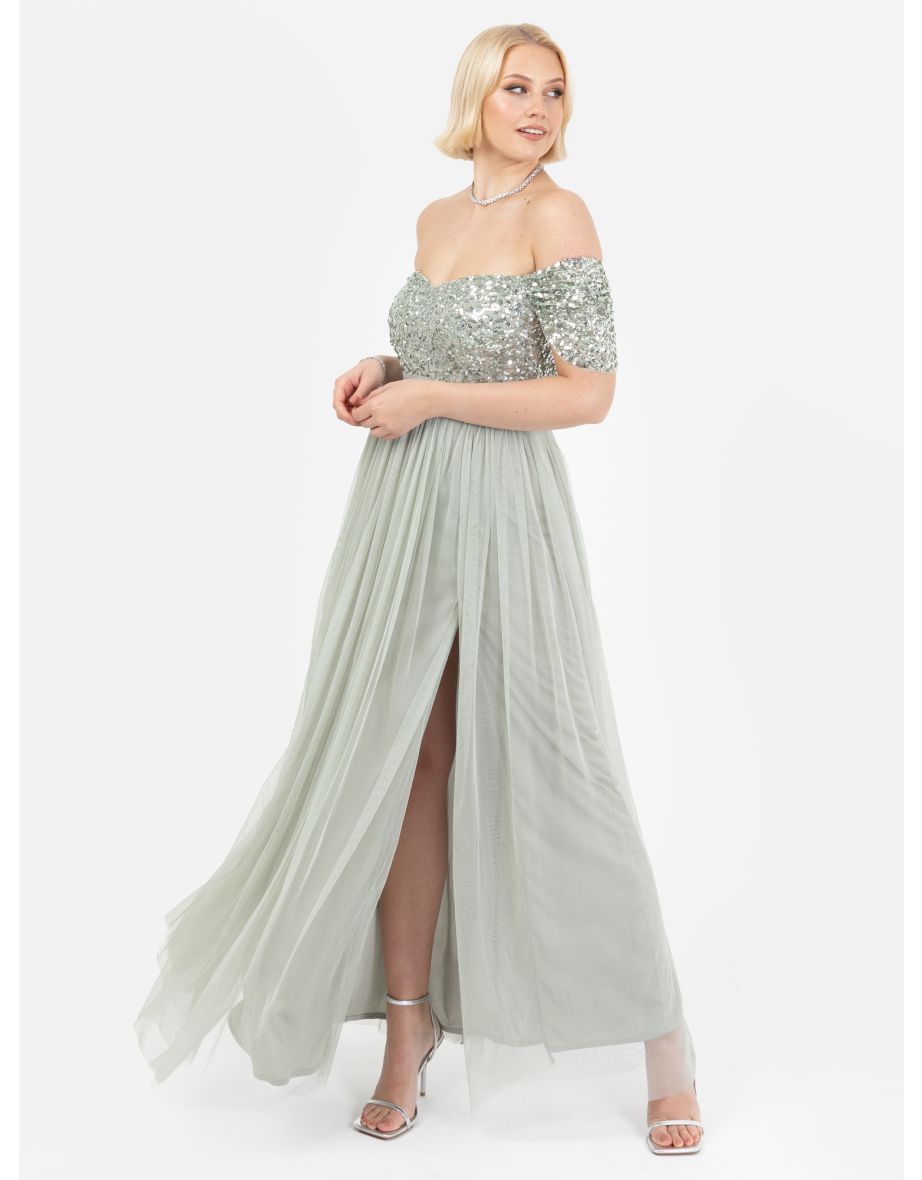 Shop Maya Sage Green Embellished Sweetheart Bardot Maxi Dress with Skirt Split Online in Bahrain VogaCloset