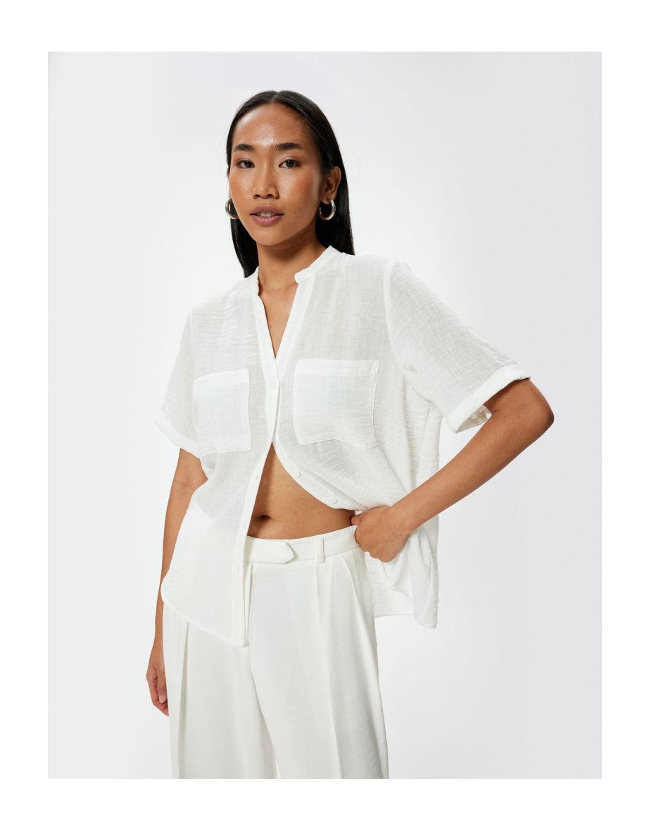 Short Sleeve Collarless Shirt with Pocket Detail Comfortable Fit