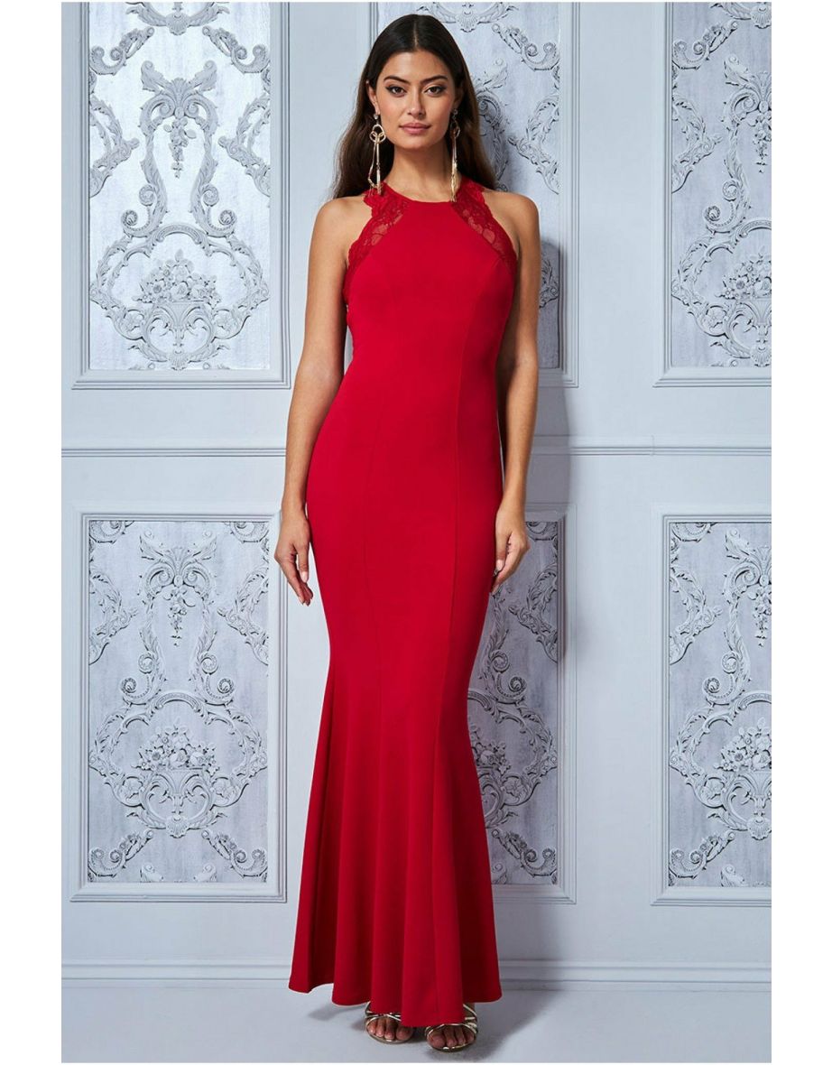 Goddiva Scallop Lace Cross Back Occasion Maxi - Red