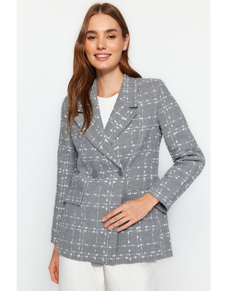 Gray Oversize Woven Plaid Blazer Jacket