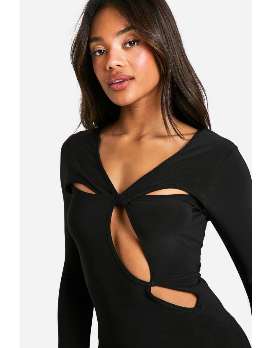 Cut Out Twist Detail Slinky Long Sleeve Maxi Dress - black - 3