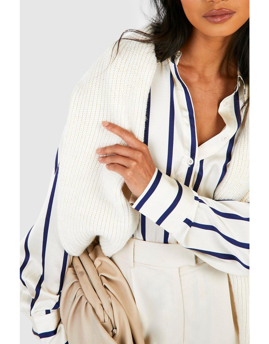 Fine Stripe Satin Shirt - cream - 3
