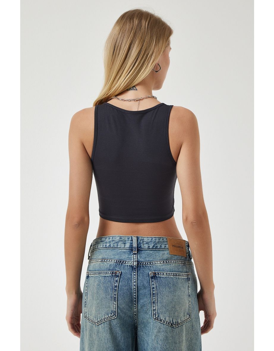 Women's Anthracite Strap Crop Knitted Blouse - 4