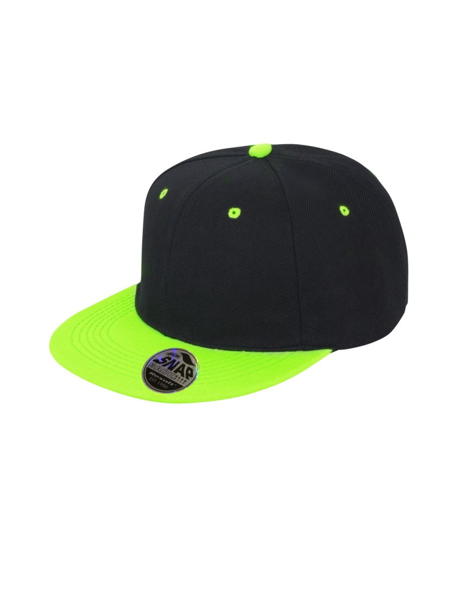 Result Unisex Core Bronx Original Flat Peak Snapback Dual Colour Cap - Black/Lime Green