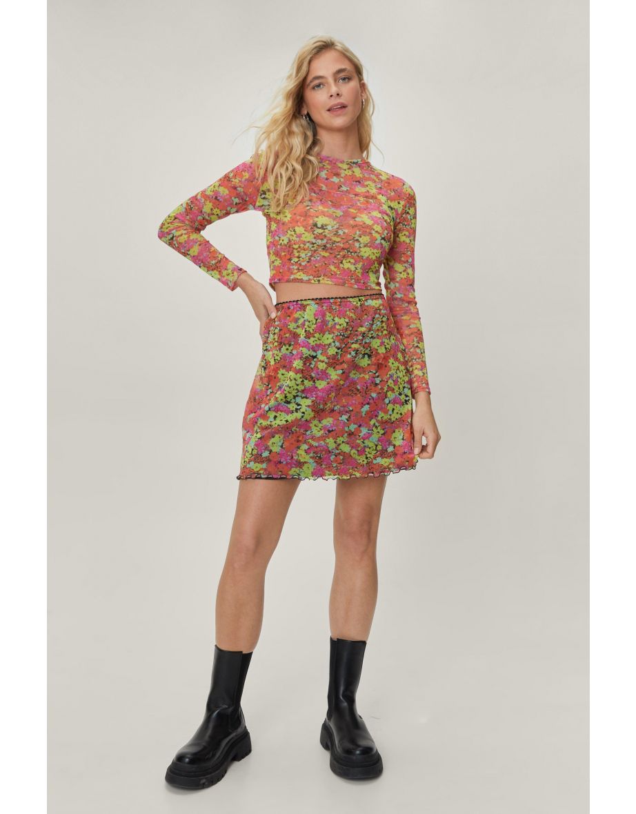 Floral Print Mesh Crew Neck Top