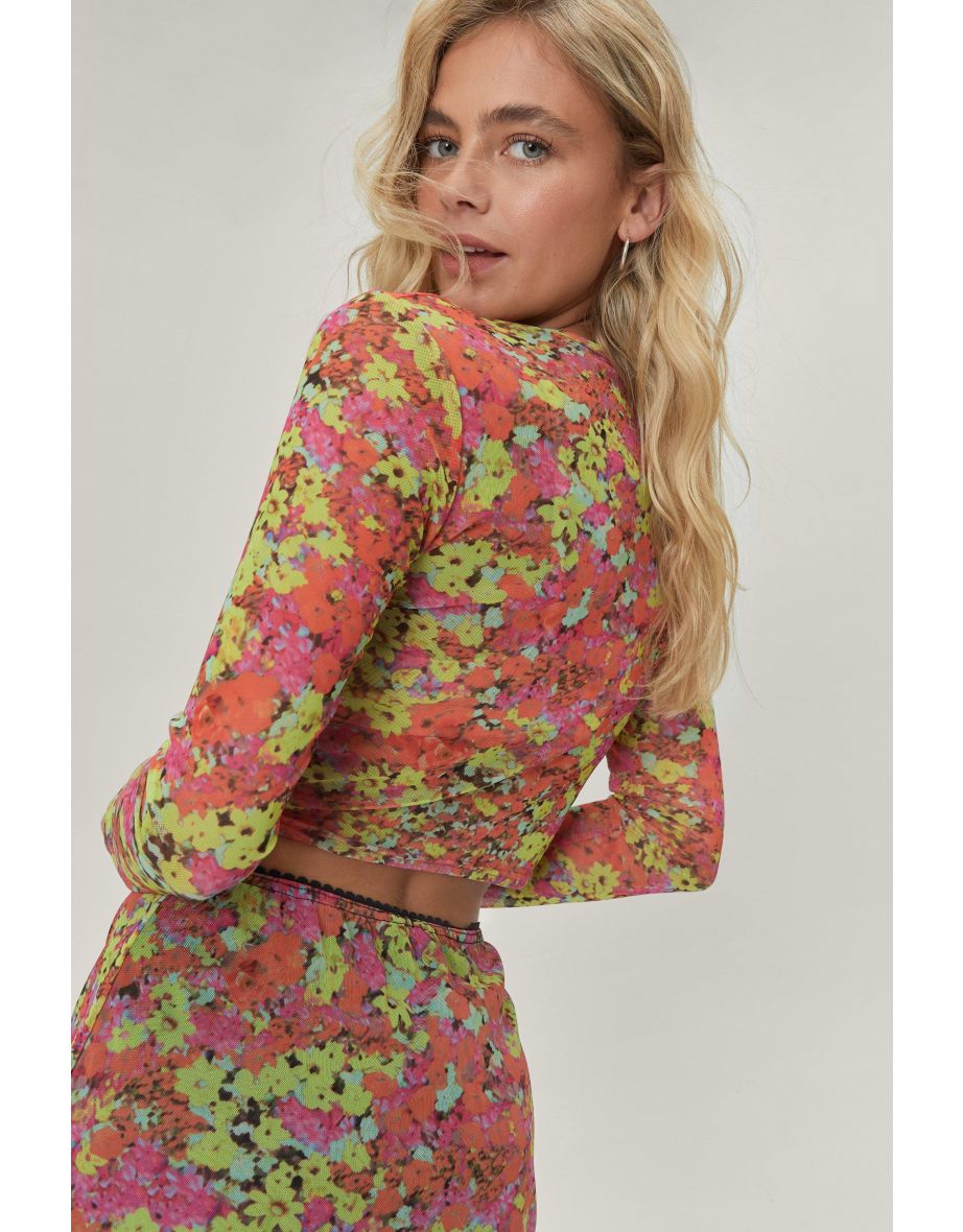 Floral Print Mesh Crew Neck Top - 3