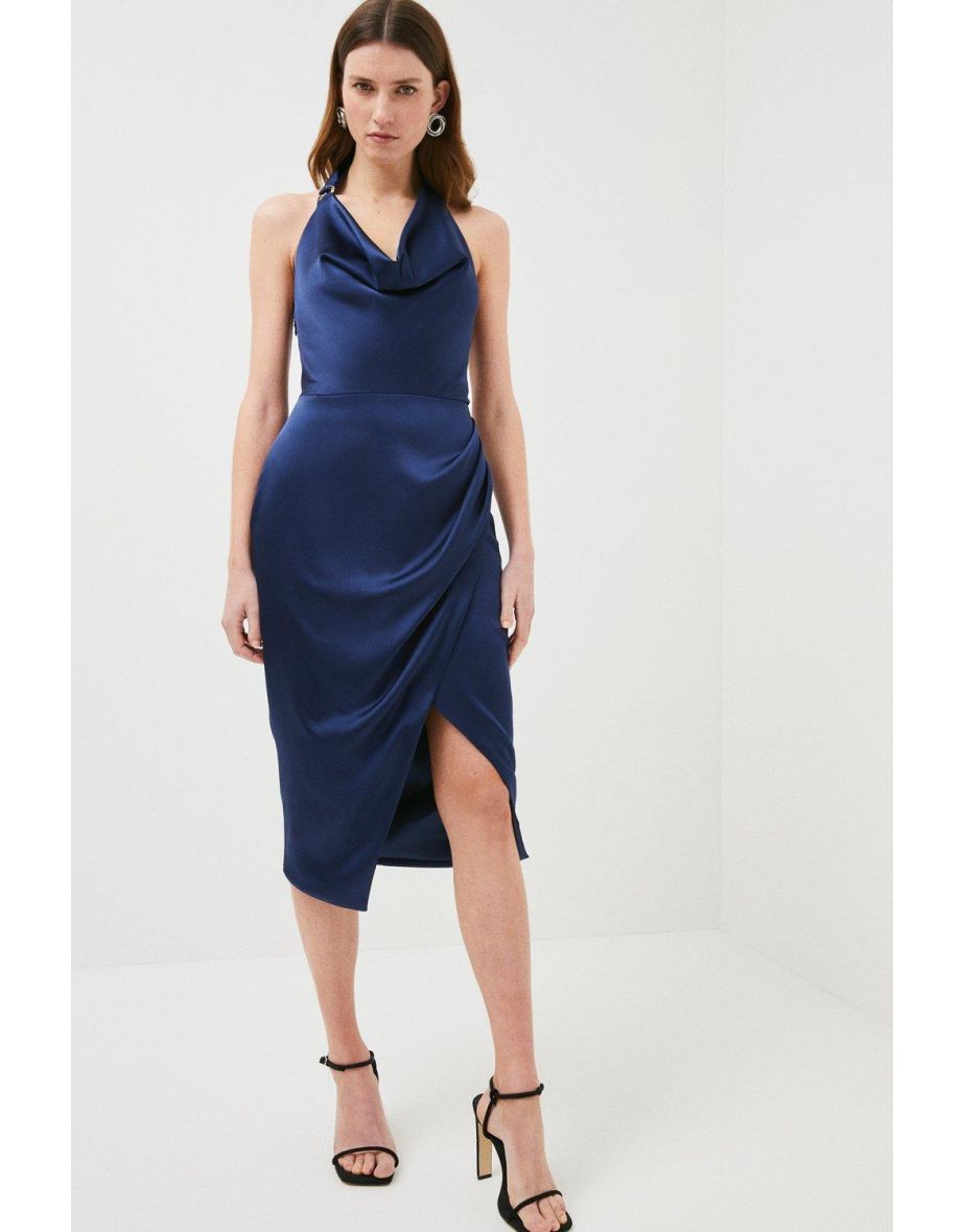 Tailored Satin Drape Halter Dress