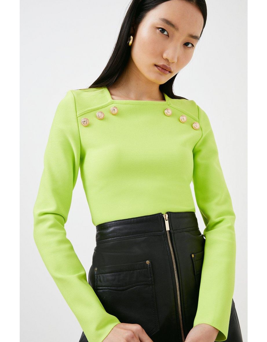 Military Trim Long Sleeve Bandage Knit Top