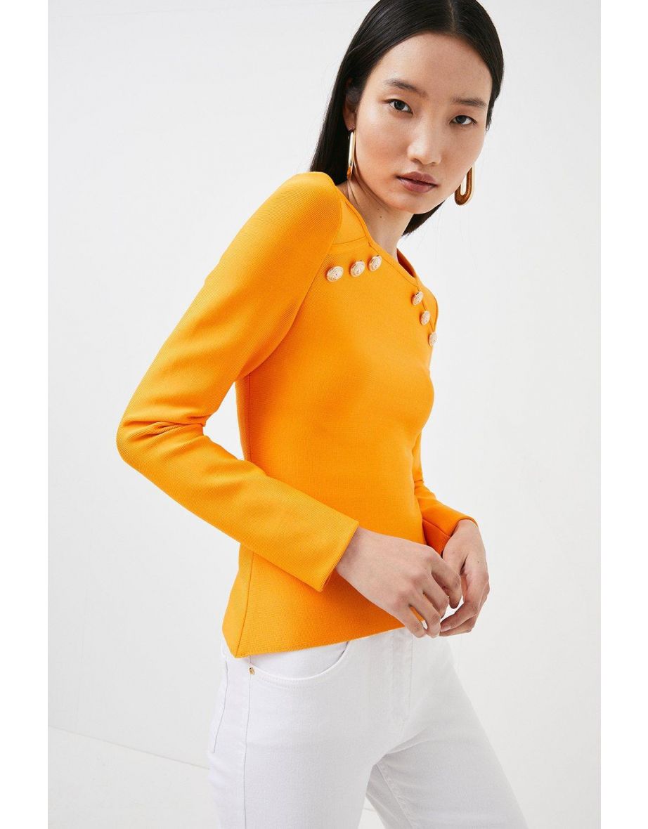 Military Trim Long Sleeve Bandage Knit Top